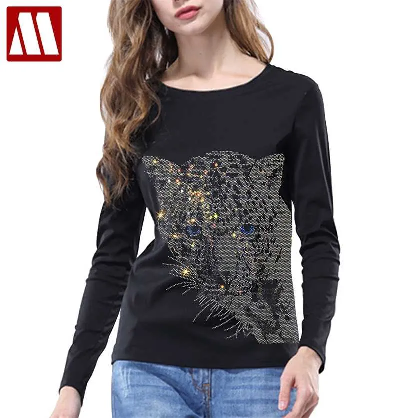T-shirt de brilho do diamante Plus size mulheres casuais tops Cabeça de leopardo impresso de manga cheia tshirt tshirt camisetas femme 220208