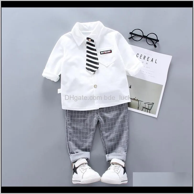 New Baby Boys clothing Sets White Grey shirt+Plaid pants 2pcs Infant toddle Suitskids outwears with tie baby boys clothes