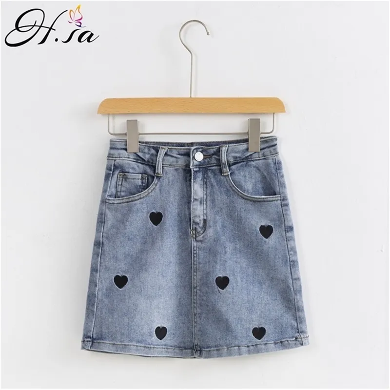 HSA Summer Woman Myed Mini Denim Spódnica Heart Haft Kobieta Wysoka Talia Elastyczna Bodycon Hip Saia Jea 210430