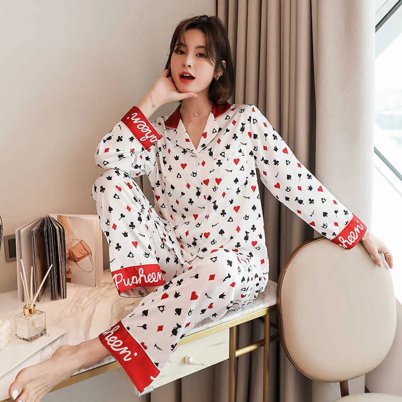 Polyester zijde meisjes pyjama set pijama mujer vrouwen pyjama vrouwen volledige mouw nachtkleding sexy homewear kleding q0706