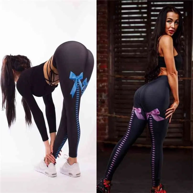 Leggings fitness stampati con fiocco sexy da donna Vita alta Legging push up Activewear Allenamento Leggins elasticizzati neri 210925