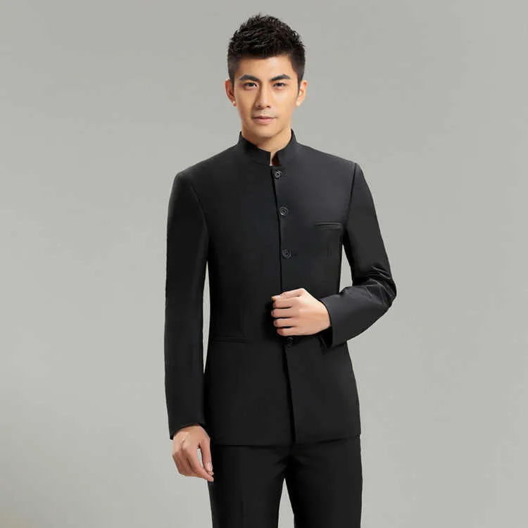 Mens Slim Fit Fit Collar Suits Moda Sólida Chinesa Tang Masculino Elegante Casual Conjunto Tangsuit Cavalheiros FS-105 X0909