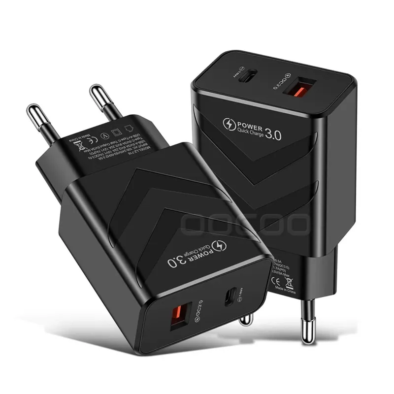 Type-C 20W PD en QC 3.0 Dual Ports USB Type C Snelle wandlader Voedingsadapter met Amerikaanse EU-stekker voor mobiele telefoon Universal Factory Groothandel