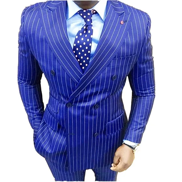 Últimos diseños de pantalones de abrigo Royal Blue Vertical Stripe Custom Tuxedo Skinny Men Trajes 2 piezas Blazer Terno Traje Chaqueta + Pantalones X0608