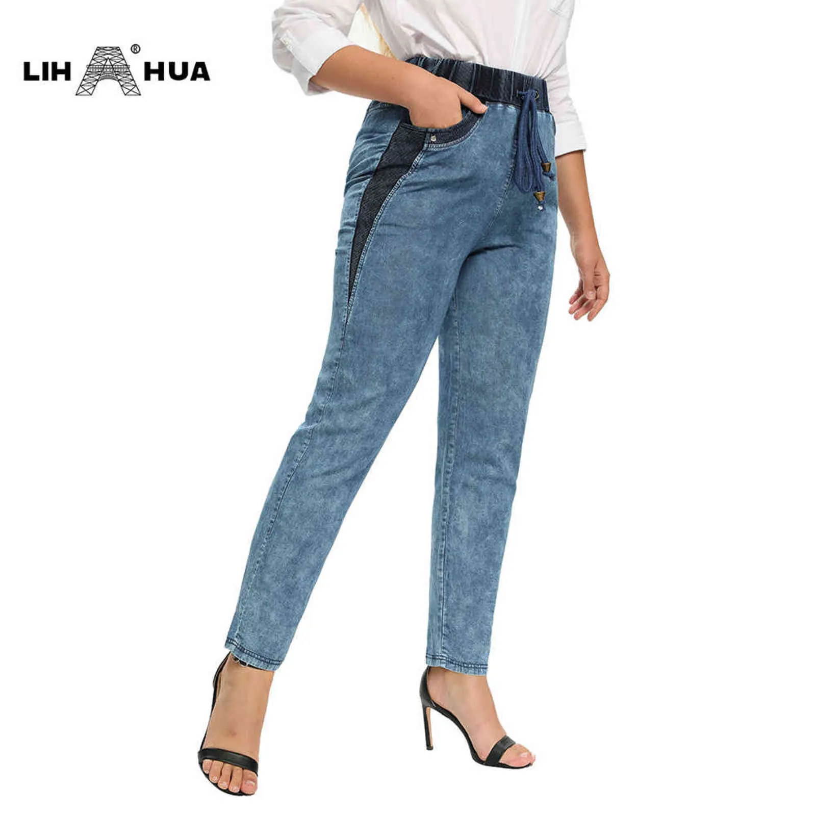 LIH HUA Women's Plus Size Casual Jeans High Flexibility Cotton Woven Thin Denim Trousers Softener with Elastic Waist 211129
