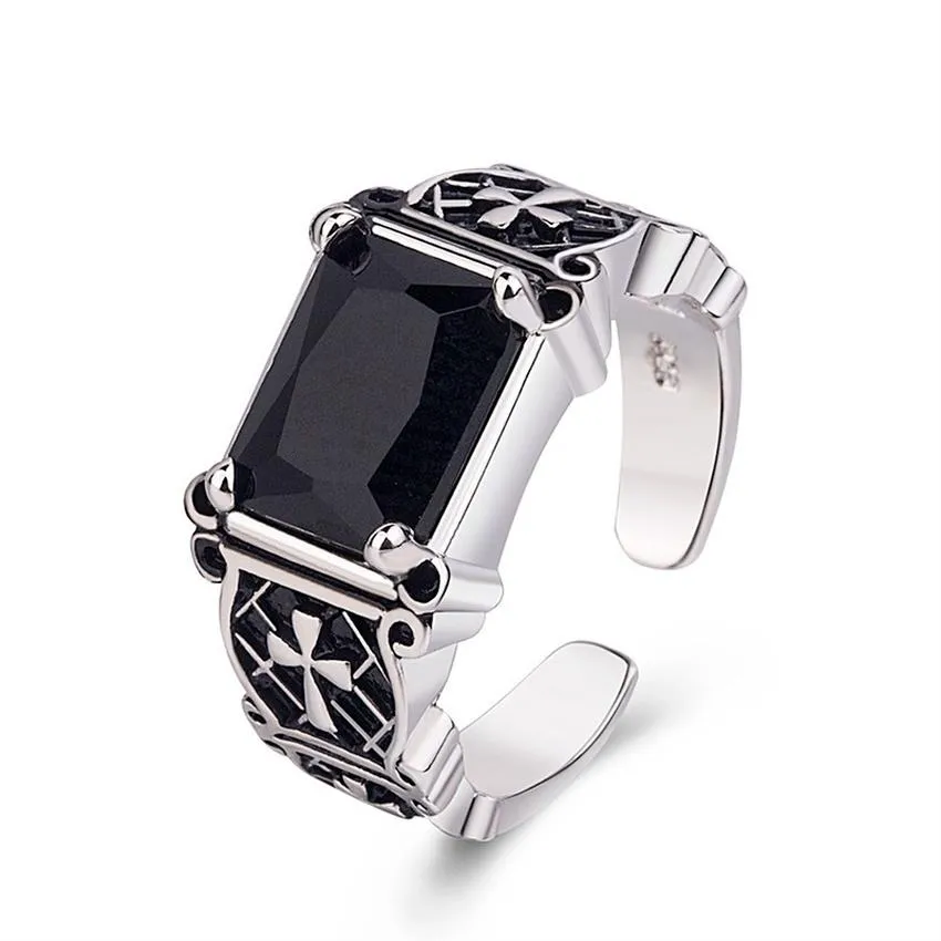 Oude Zilveren Jesus Cross Ring Band Vinger Agaat Zwart Retro Open Verstelbare Diamant Chunky Ringen voor Mannen Mode-sieraden