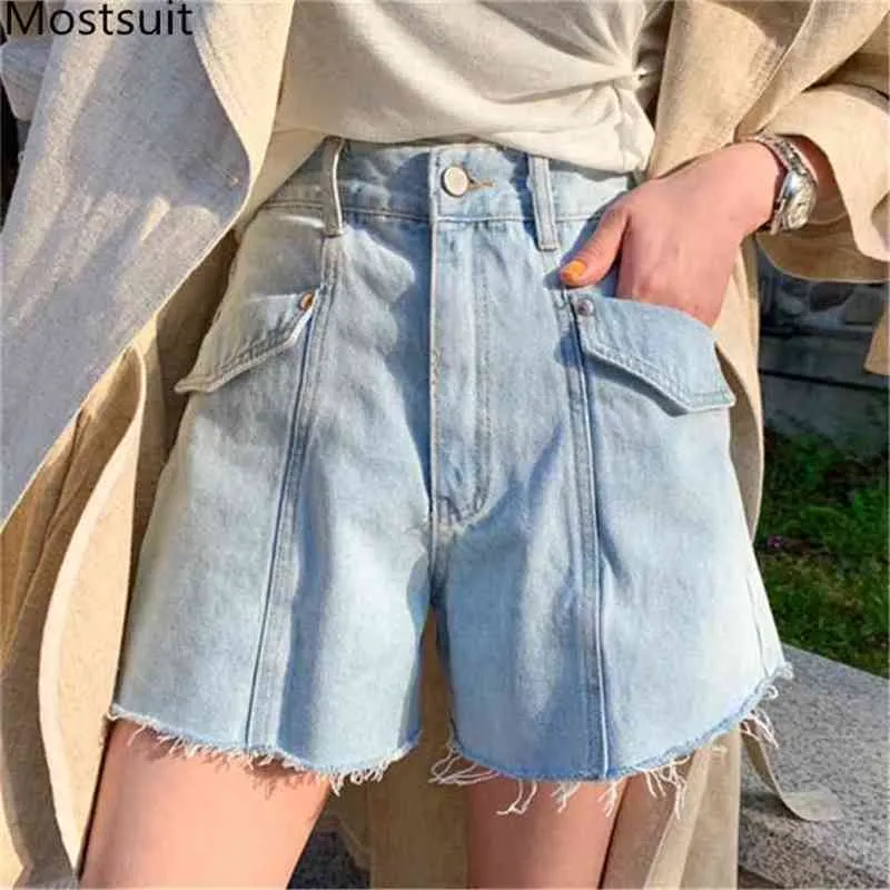 Summer High Waist Pockets Women Denim Shorts Buttons Fly Fringed Fashion Korean Solid Loose Female Femme 210513