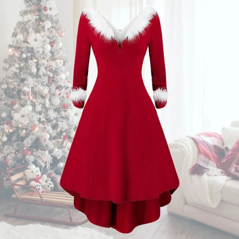 Casual Dresses Xmas Långärmad V-Neck Party Dress Vit Plush High Low Hem Patchwork Waist Tight Large Christmas Cosplay Costum