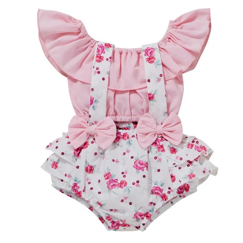 Klädset 2st Baby Girl Klädset Sommarfödd Spädbarn Volanger Kortärmade Toppar Blommiga randiga Overaller Outfit För Småbarn D30