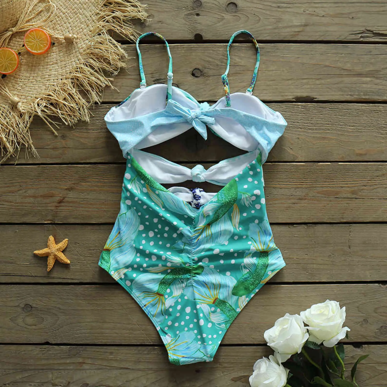 Sexy Hollow Out One Piece Swimsuit 2022 Bandeau Swimwear Floral Print ...