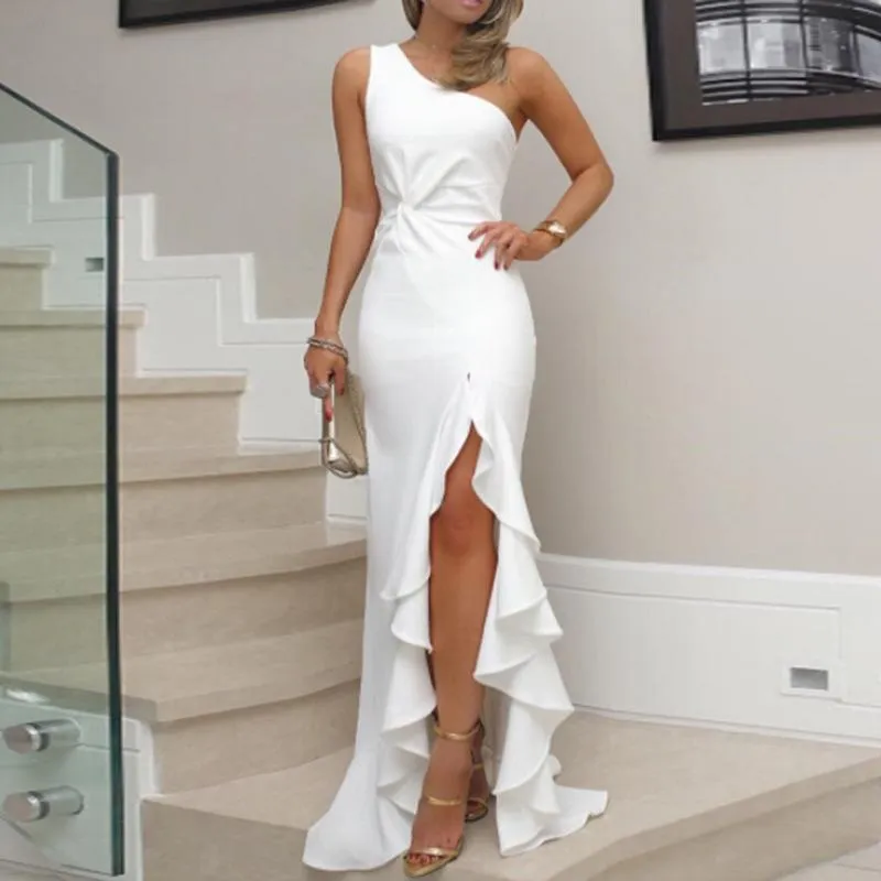 Casual Dresses 2021 Solid One Shoulder Long For Women Party Wedding Ruffle Plus Size Sexy Sleeveless Elegant Robe S-5XL