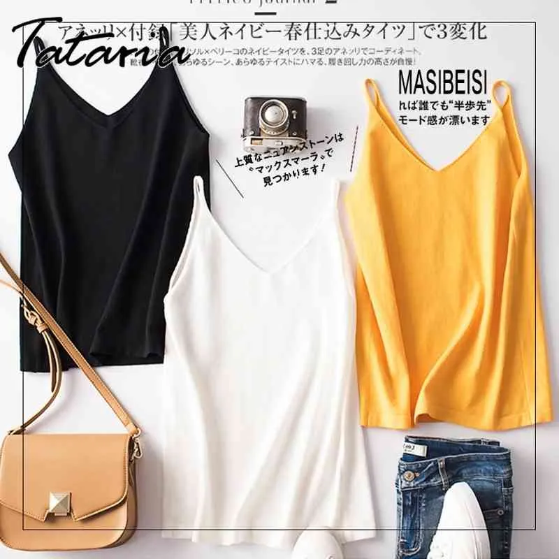 Knitting Spaghetti Strap Top Kobiety Halter V Neck Camisole Damskie Podstawowe Damskie Dorywczo Bez Rękawów Knitle Tank Tops Lato Kobieta 210514