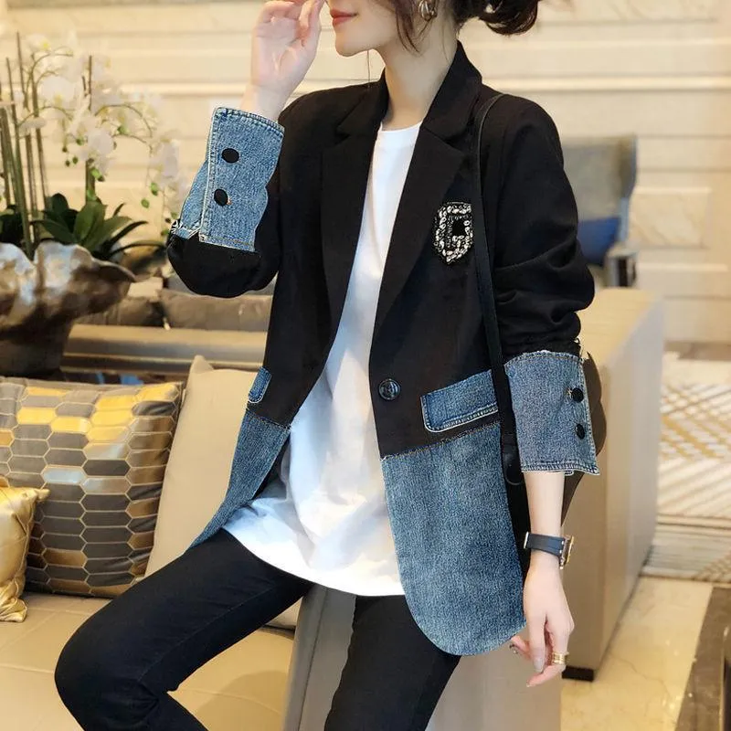 Denim Stitching Women s Suit Jacket 2024 Korean Style Spring Blazers for Young and Middle Aged Women