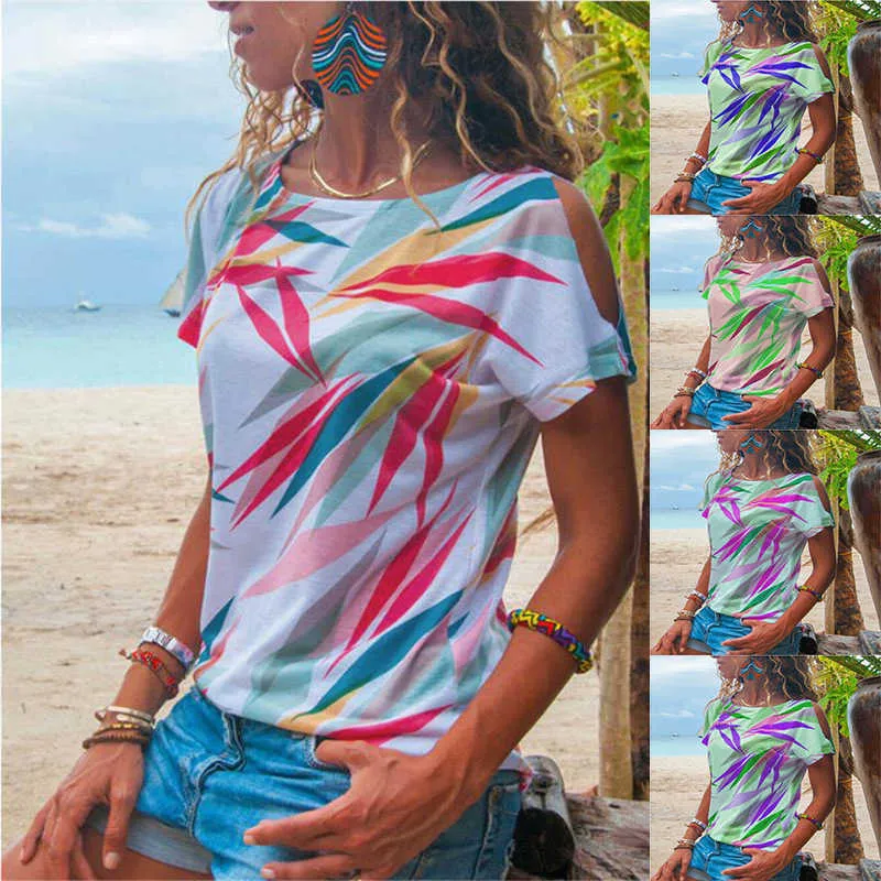 Hors épaule Mode Femmes T-shirts d'été à manches courtes Feuilles Imprimer Femmes Chemise Plus Taille Summer Boho Tops Thin Tops S-3XL Y0629