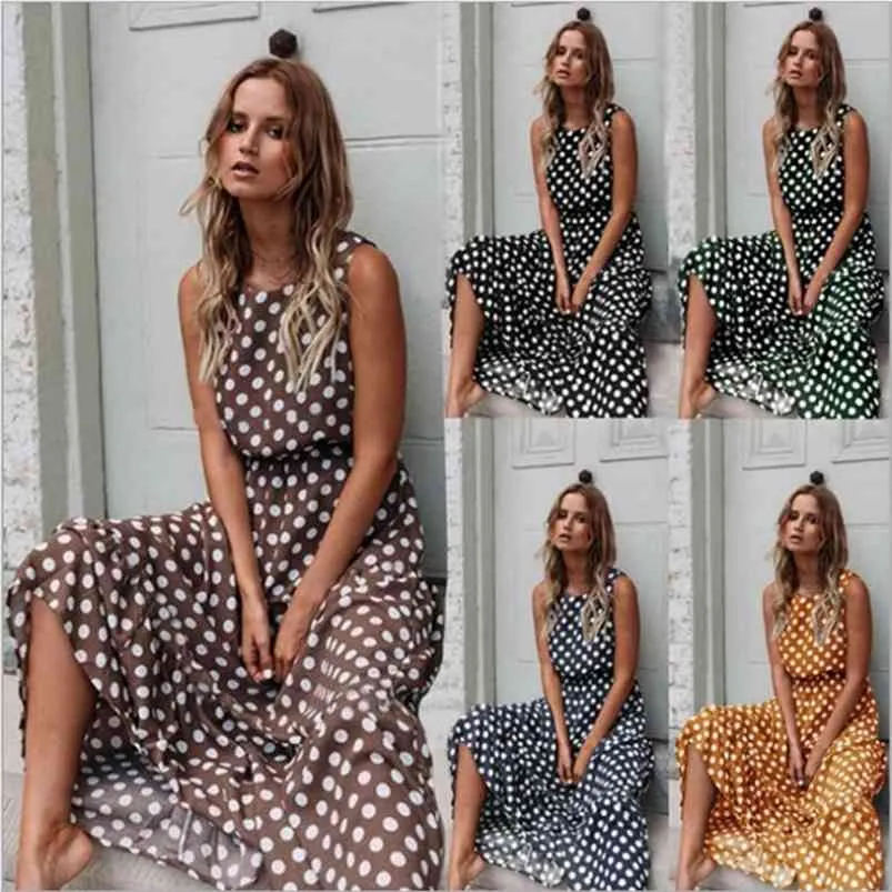 Leosoxs verão sexy o pescoço sem mangas boho polka dot impressão maxi vestido casual império roupão senhoras festa longa vestidos 210623