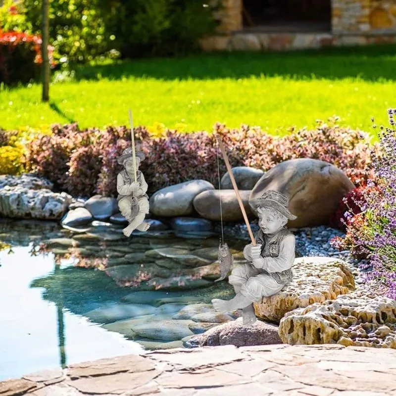 Fishing Boy Resin Statue With Rod Perfect For Garden Decorations