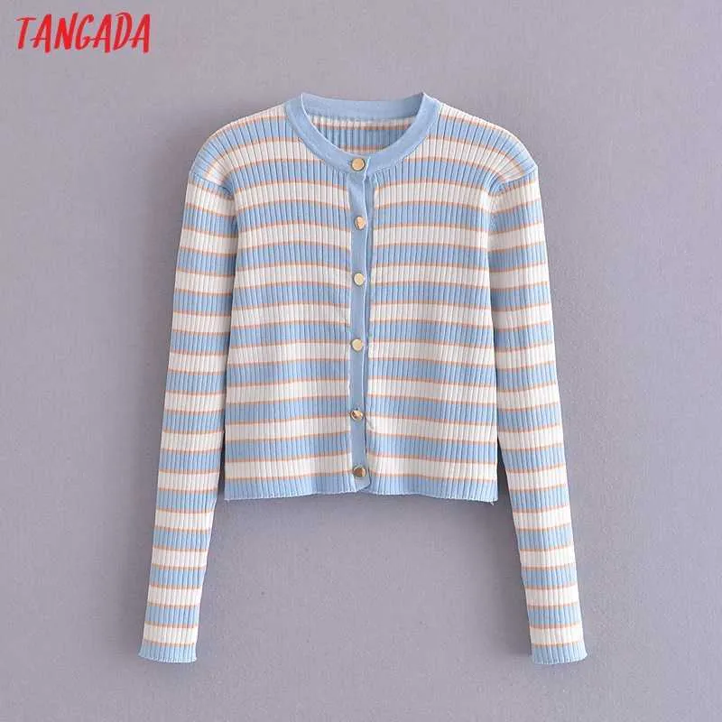 Tangada Corea Chic mujeres rayas patrón fino suéter de manga larga señoras tejido Jumper Tops SW21 210609