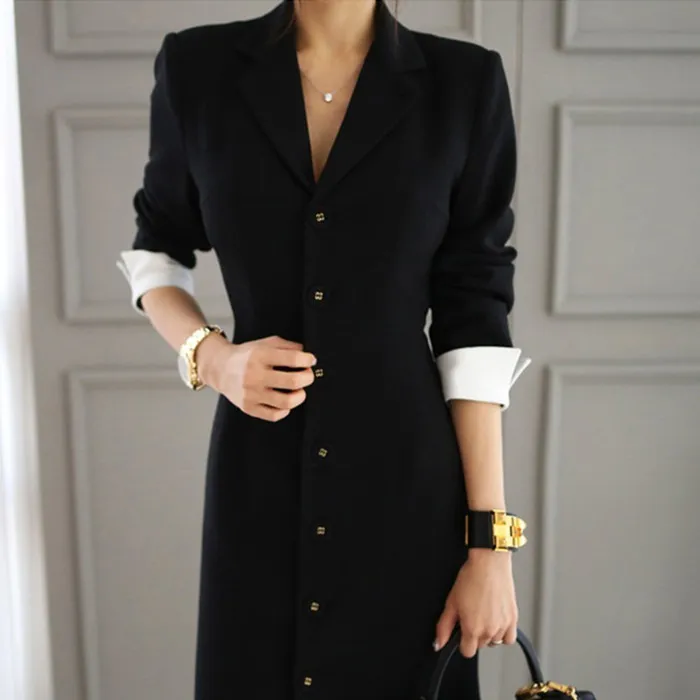 Spring Autumn Women Elegant Single-Breasted Long Sleeve V Neck Blazer Dress OL Work Wear Office Lady Black Midi Party Dress 210522