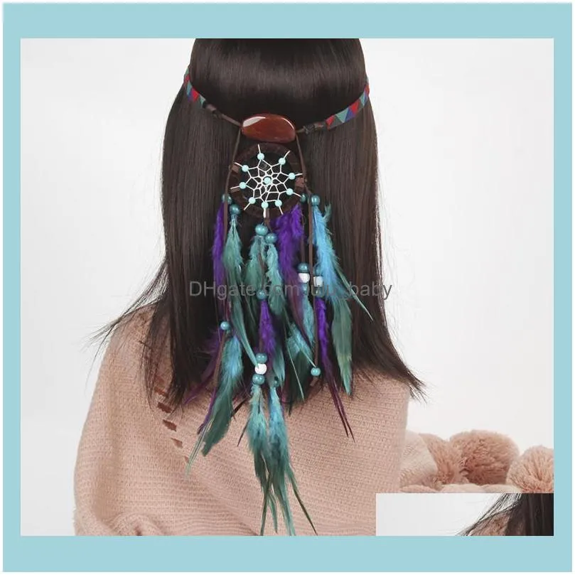 Boho Chic Feather Hair Band Elastic Dream Catcher Net Ethnic Style HairBands Accessories Clips & Barrettes