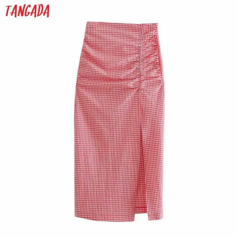 Tangada mulheres vermelhas xadrez midi saia faldas mujer zipper vintage escritório senhoras elegante chique meados de panturrilha saias 3h566 210609