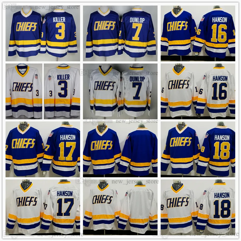 Stitched Brothers Slap Shot Maglia da hockey Charlestown Chiefs 16 Jack 17 Steve 18 Jeff Hanson 7 Francine Dunlop 3 Killer Vintage CCM Movie Maglie bianche blu