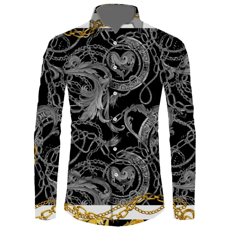 Camisas casuais masculinas padrão personalizado camisa de manga comprida masculina top preto dourado barroco camisetas cinza rococó roupas estampadas vintage