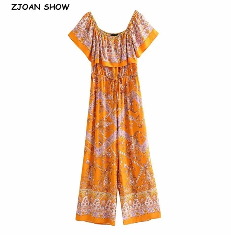 Summer Orange Strapless Paisley Flower print Short Sleeve Wide Leg Jumpsuit Holiday Women BOHO Adjust Waist Romper Overalls 210429