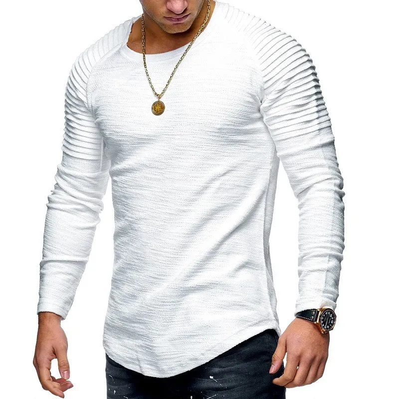 Hot Men's T-Shirts Pleated Wrinkled Slim Fit O Neck Long Sleeve Muscle Solid Casual Tops Shirts Summer Basic Tee New Men Clothes Y0323