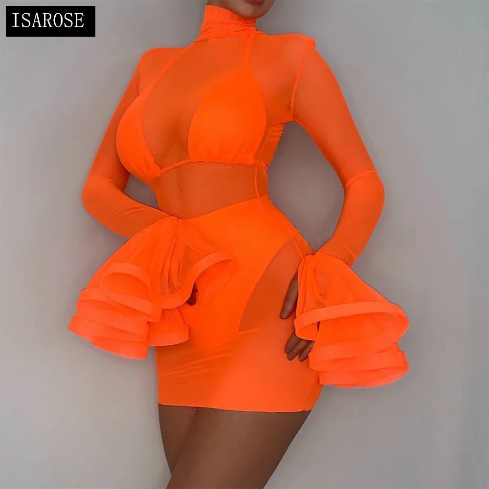 ISAROSE Women 3 Pieces Dress Sets Ruffle Sleeves Mesh Turtleneck Sexy Orange Slim Bikini Set Overall Beach Party Nightclub Dress 210422