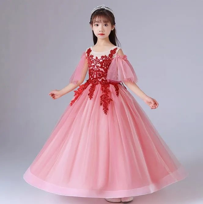 ピンクチュチュドレスウェディングガールズセレモニードレス子供用服の花エレガントなプリンセスフォーマスパーティーガウンティーンガールズ