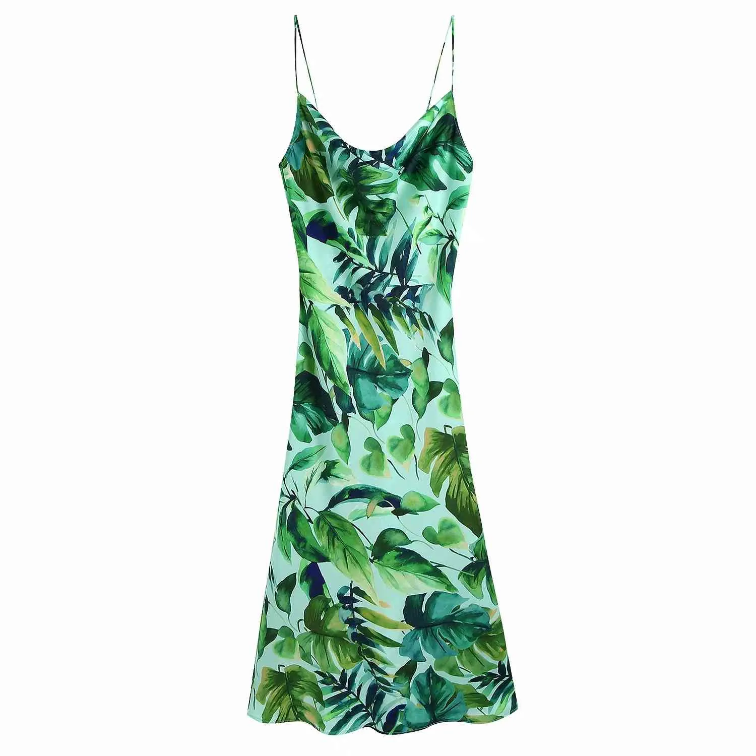Tropical Rainforest Printed Spaghetti Strap green silk dress for Women - Elegant Backless Camis with Side Slit - Perfect for Summer Holidays (210521)
