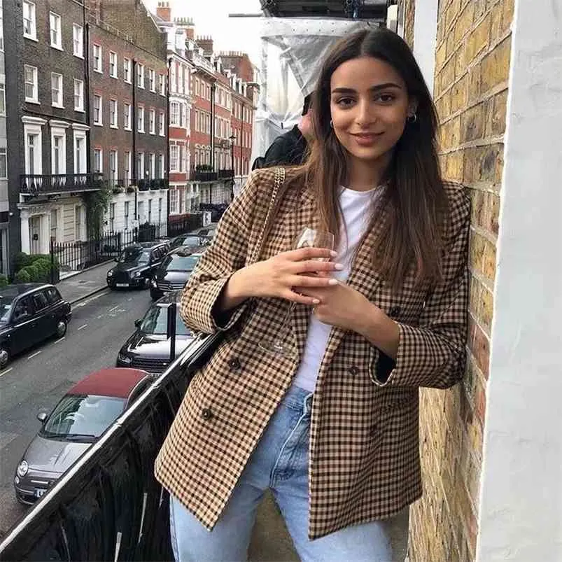 Vintage Plaid Double Breasted Blazer Jacket Women Khaki Ladies Business Elegant Coat Höst Vinter 210427