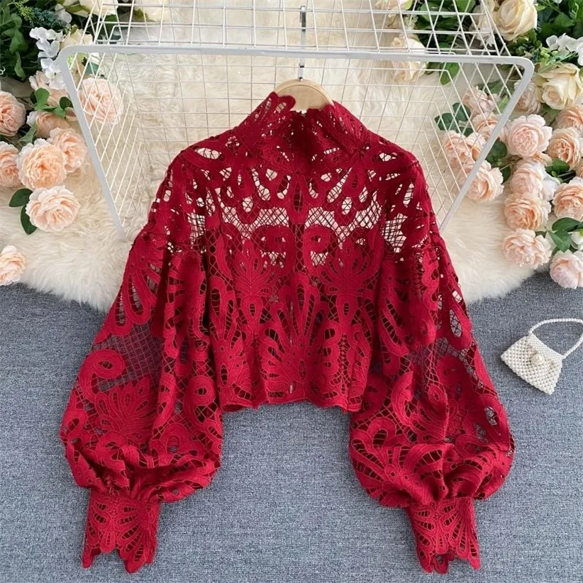 Sexy Lace Hollow Out Short Blouse Casual Lantern Long Sleeve Stand Collar Shirts Female Elegant Red/Pink/White Loose Tops 220315