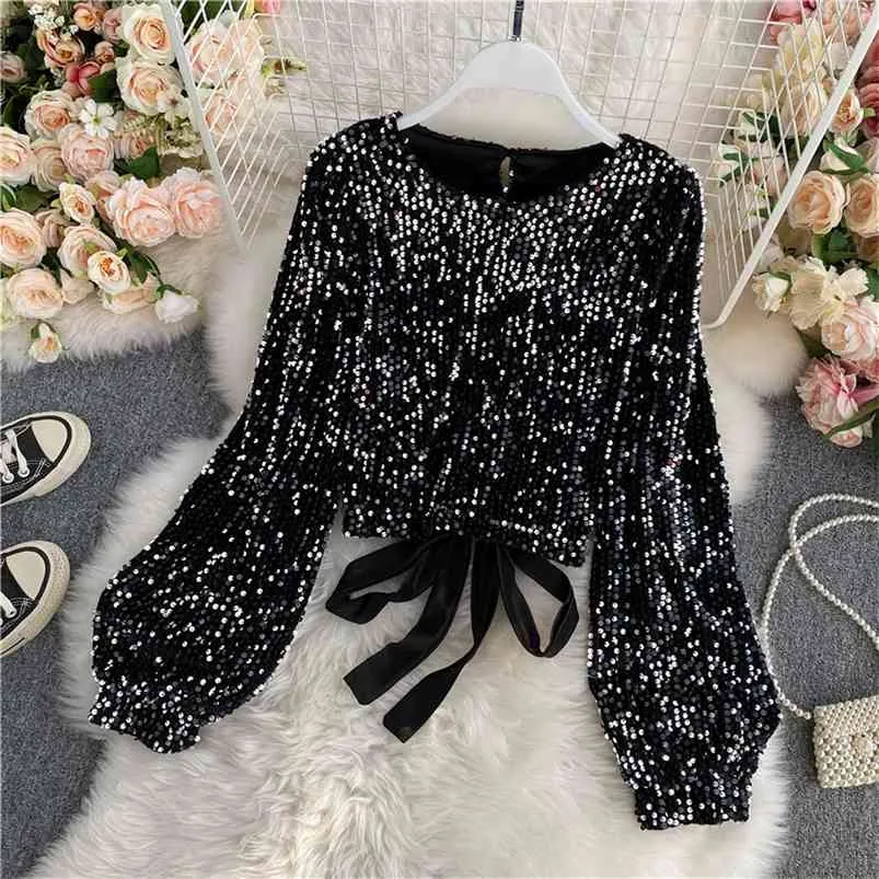 Women Autumn Winter Blouse All-match Sequins O-Neck Shirts Long-sleeved Open Back Lace-up Bow Short Tops Female Blusa GX1082 210507