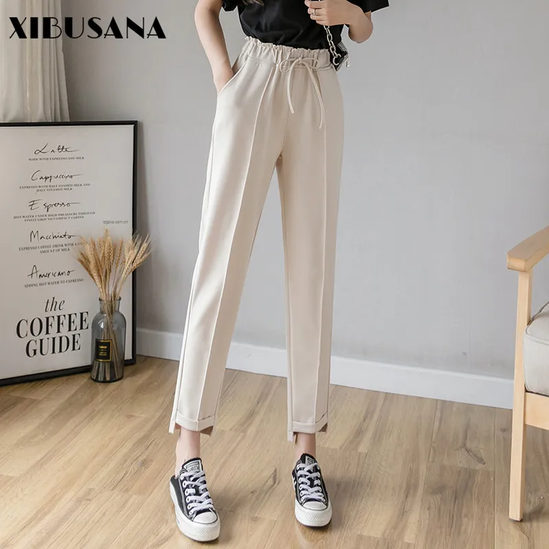 Pantaloni casual con lacci in vita elastica da donna Autunno stile coreano Alto sciolto sottile irregolare Nove 210423