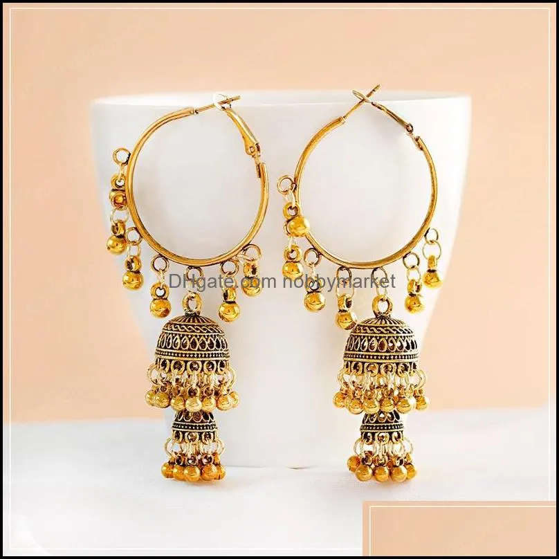 Ethnic Vintage Women`s Geometric Jhumka Dangle Earrings Indian Jewelry Silver Color Bell Tassel Dangling Earring