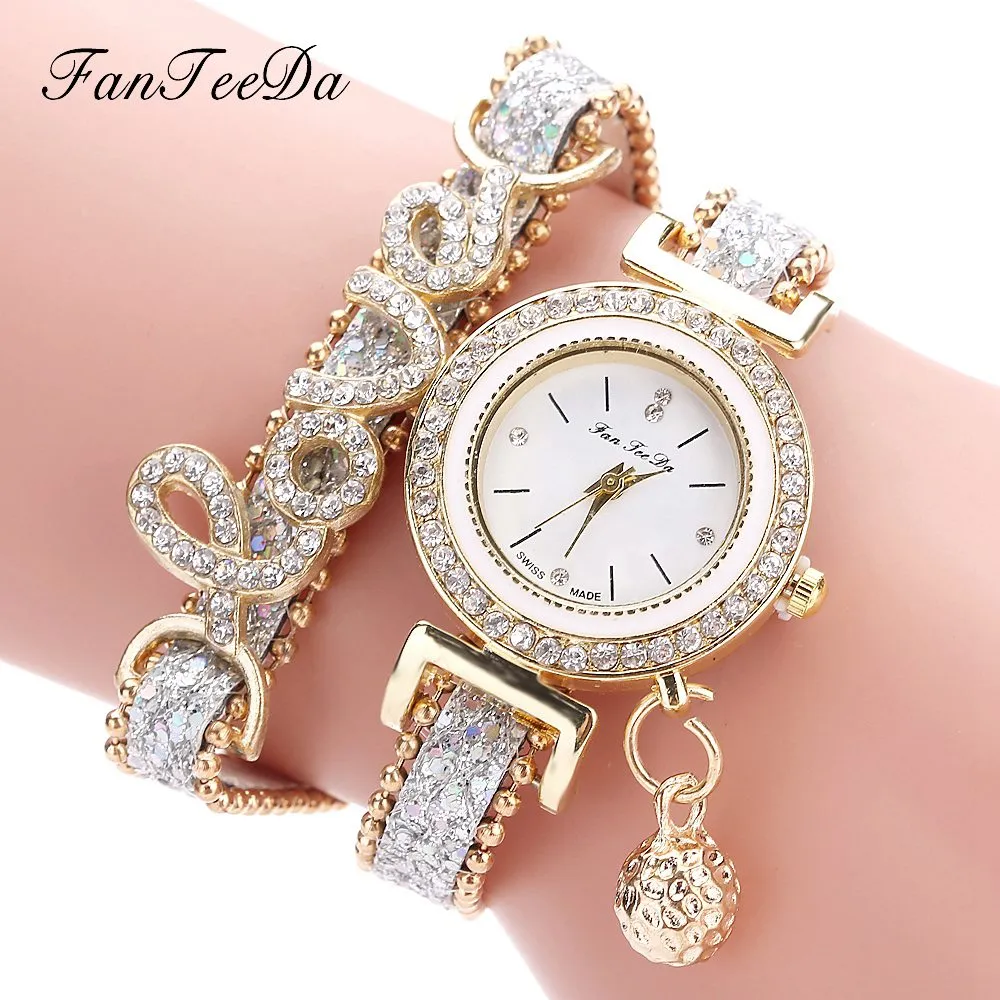 Relógio de luxo de relógio de pulso de quartzo feminino com pulseira de couro e strass elegantes