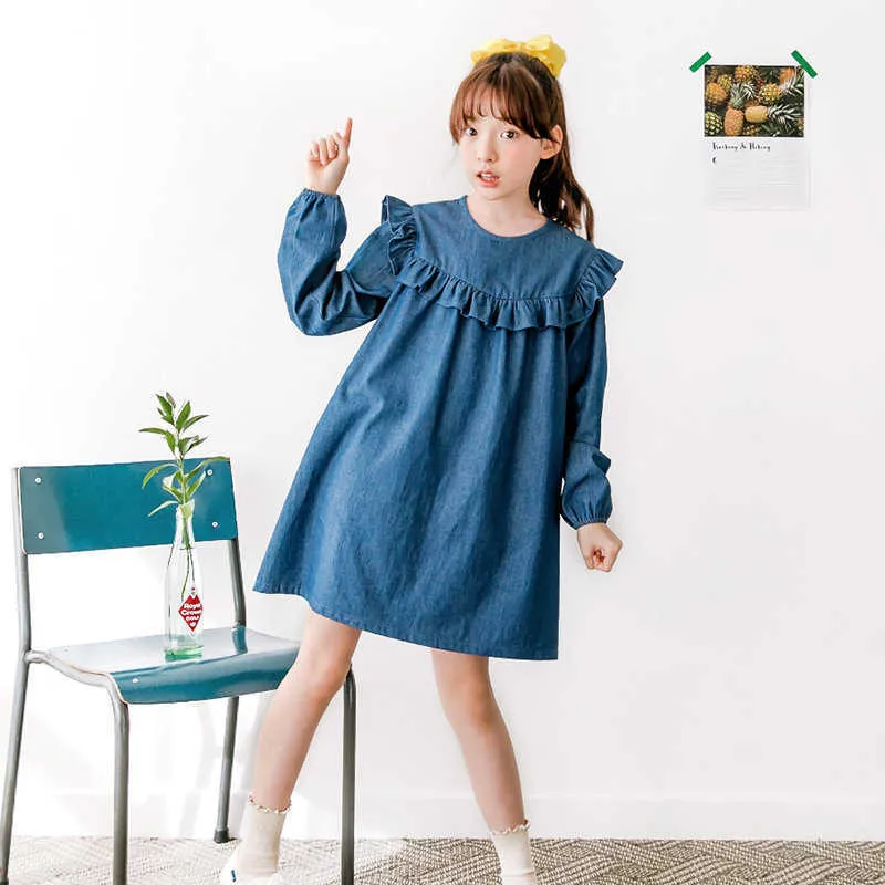 4 14 ans enfants adolescentes filles volants robe en jean manches longues coton d contract robe bleue enfants automne hiver princesse vestidos