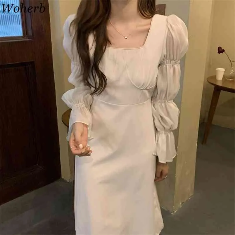 Chic Maxi Sukienka Kobiety Kwadratowy Kołnierz Koreański Elegancki Slim Vestidos Mujer Słodki Temperament Moda White Party Dresses 210519