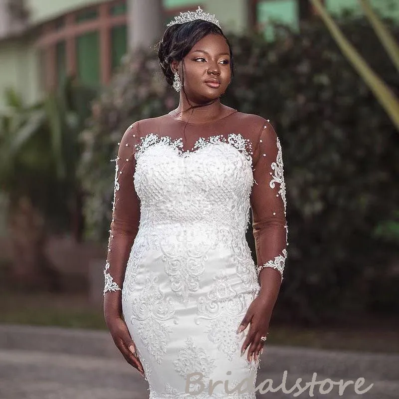 Luxury Aso Ebi African Mermaid Wedding Dress Plus Size Long Sleeve Lace Beaded Country Wedding Gowns With Pearls 2022 Trumpet Appliques Bridal Robes