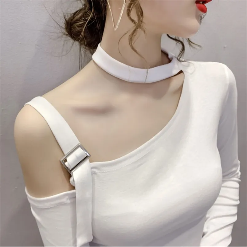 WWENN Frauen Kurzes T-Shirt Sexy Langarm-T-Shirts Strap Off Shoulder Stitching Female Casual Slim T-Shirts Crop Top Tees 210507