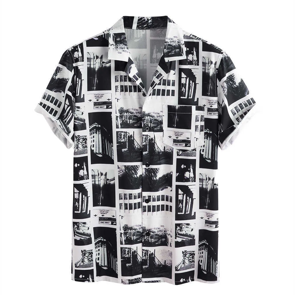 Sommarskjortor för män Rolig abstrakt byggnadsmönster Svart / vit tryck Ropa Vintage Hombre Short Sleeve Light Shirt 210527
