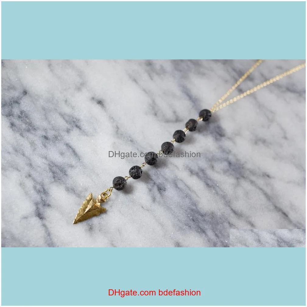 New Lava Rock Bead Arrow Tassel Long Necklace For Women Black Lava Pendant Necklaces Jewelry For Women Silver Gold Color