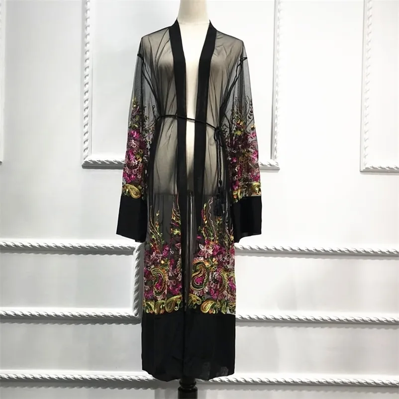 Плюс размер длинной рубашки женщины кимоно Муджера цветочные вышивка шифоновая сетка блузка кардиган одежда ROPA веренение халат Chemise Femme 210323