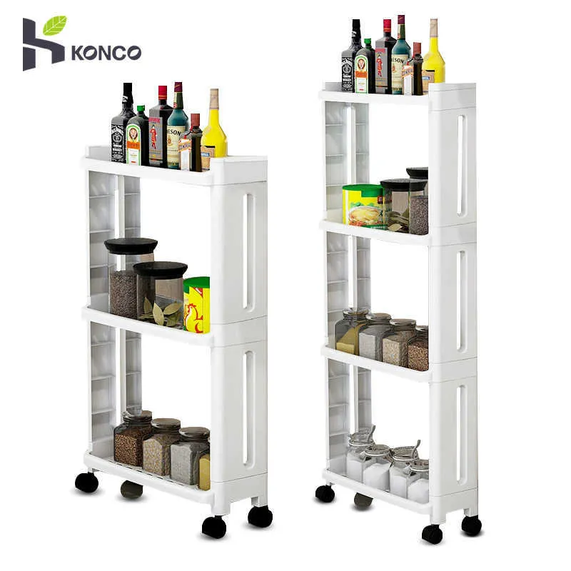 Konco Kitchen Storage Shelf Organiser For Goods Fridge Side Shelf 2/3/4 Layer Removable With Wheels Bathroom Organizer Shelf 210705