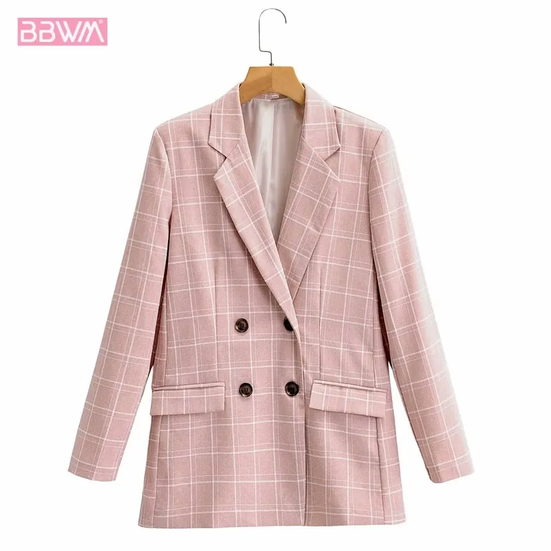 Pink Plaid Double-breasted Autumn Casual Retro Loose Sweet Chic Female Coat Harajuku Fashion Professional Women's Jacket 210507