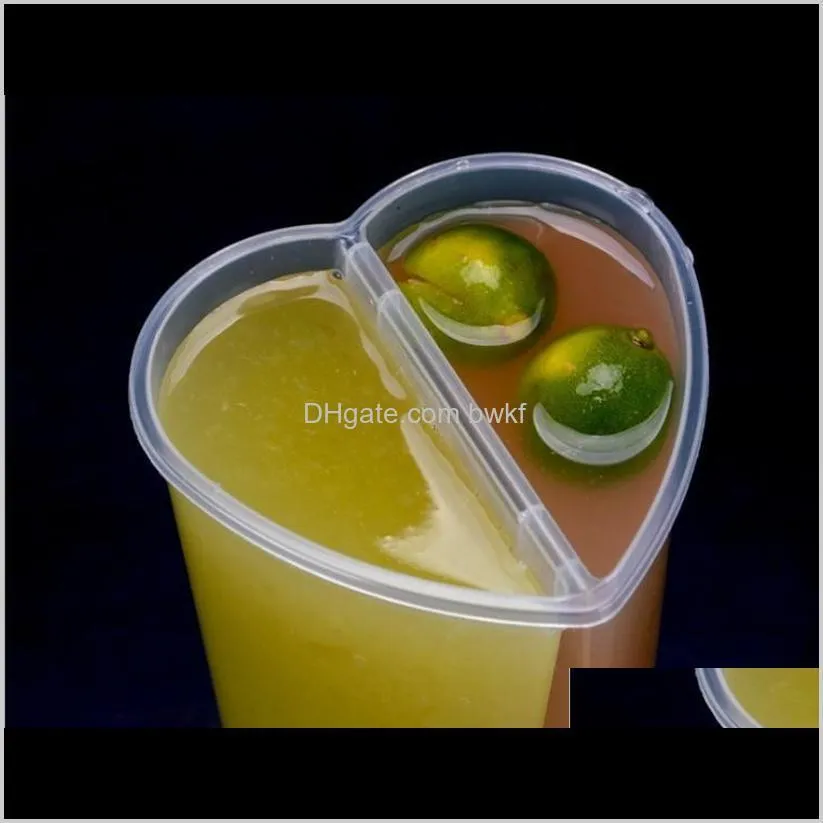 600ml heart shaped double share cup transparent plastic disposable cups with lids milk tea juice cups for lover couple