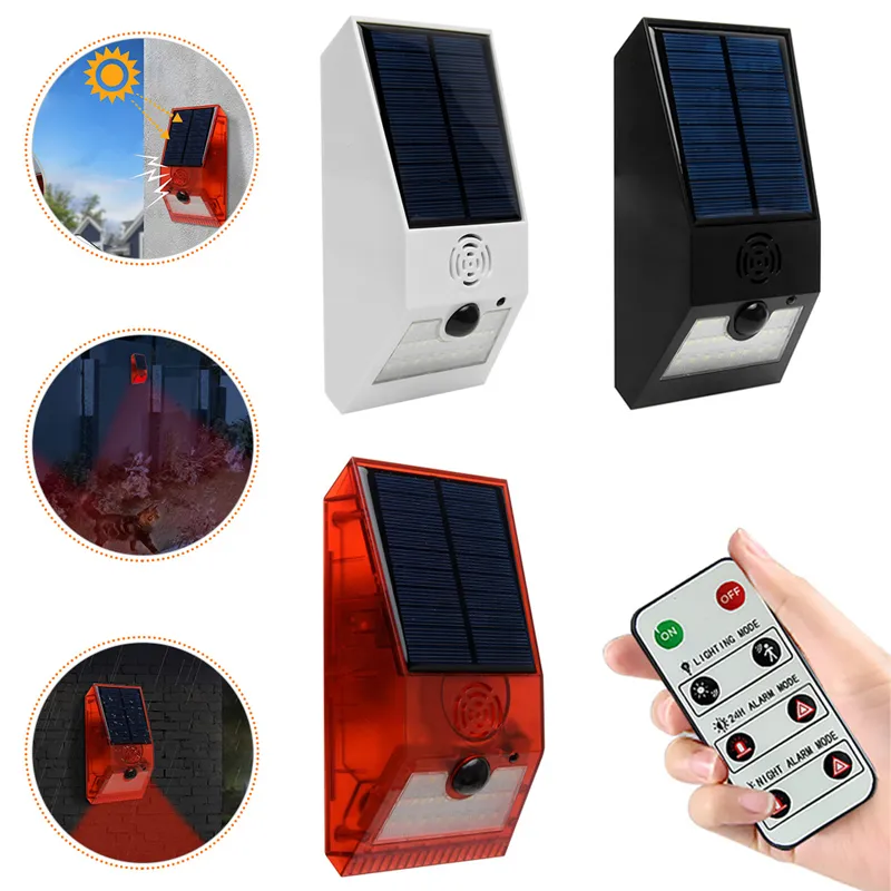 129db lumières d'alarme solaires éclairage de sécurité ferme sirène détecteur de mouvement villa 6 modes avec télécommande murale grange cour maison anti-vol