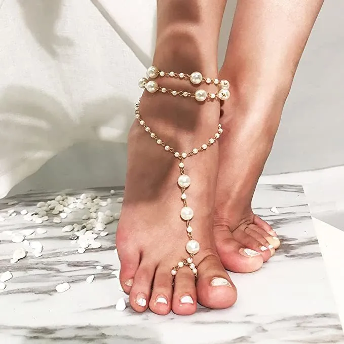 Matrimonio sulla spiaggia di lusso Sandali a piedi nudi Scarpe da sposa, gioielli per i piedi BEACH Bracletet con ciondoli per cavigliera in finta perla