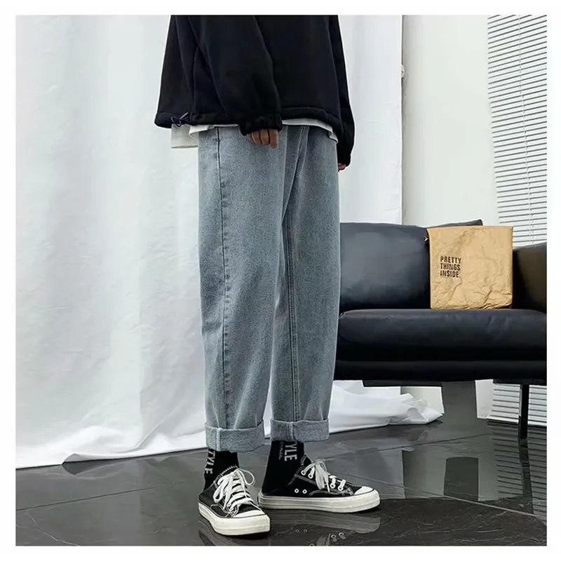 Retro Blue Gray Baggy Men Jeans Cool Boy Casual Elastic Waist Pants Wide Leg Long Retro Street Style Hip Hop Fashion Youth Brand 210622